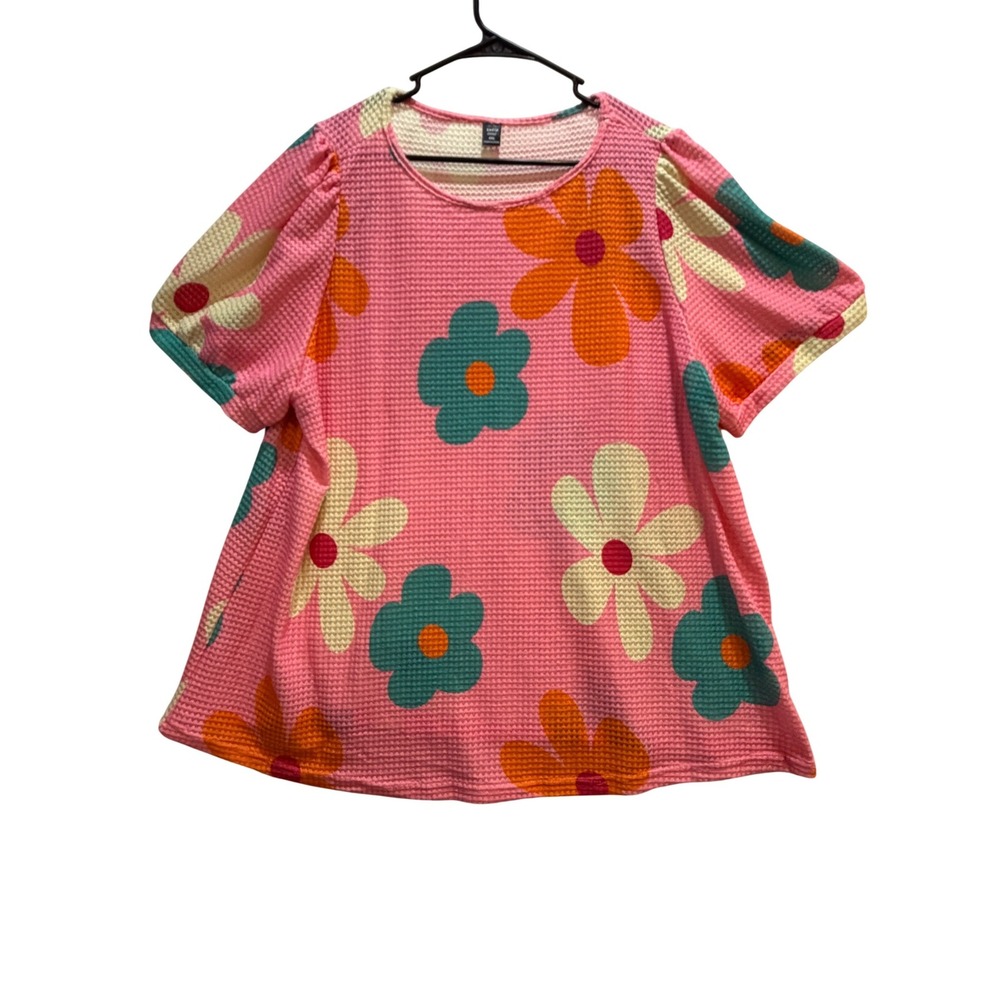 SHEIN Curve Pink Waffle Knit Floral Puff Sleeve Top 4XL Plus Size Retro Boho